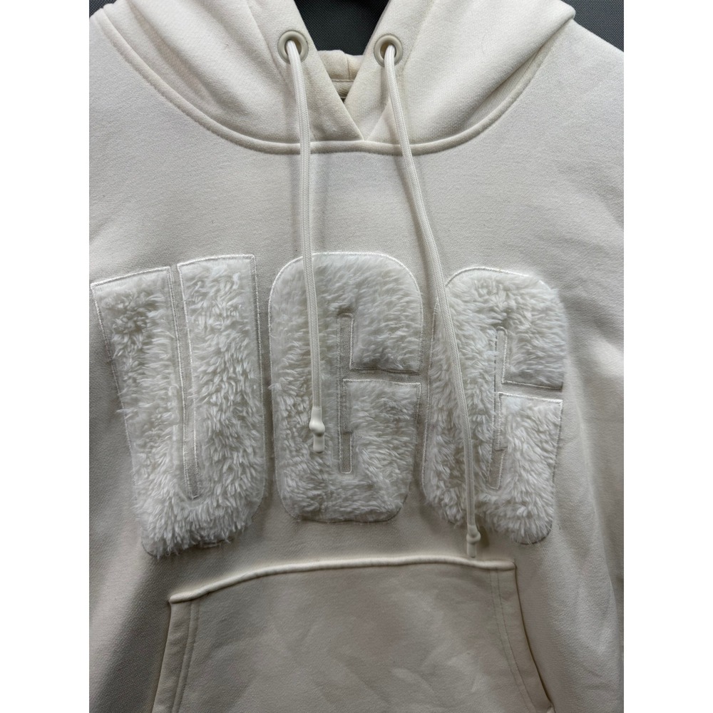 UGG Hoodie Women White Sherpa Logo Pullover Fleece Sweatshirt Medium - Picture 3 of 8